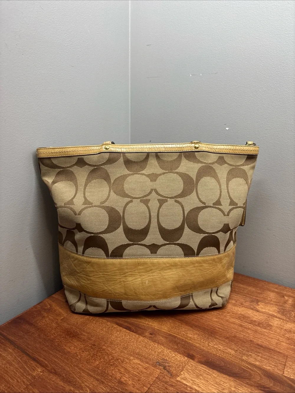 Coach Khaki Signature Canvas Tote with Gold Trim